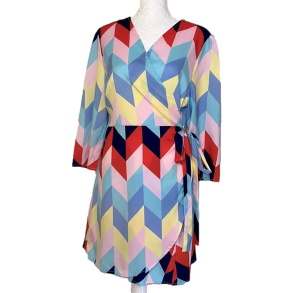 Charlie Charlie Charlotte Bright Geometric Chevron Print Wrap Dress - Size XL - Picture 1 of 11